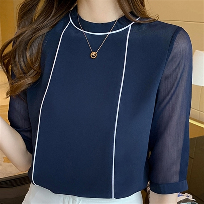 

Summer Women Blouse O-Neck Blue Chiffon Blouse Shirt Tops Women Short Sleeve Blouse Women Blusas Mujer De Moda Blouses F97 220419, White