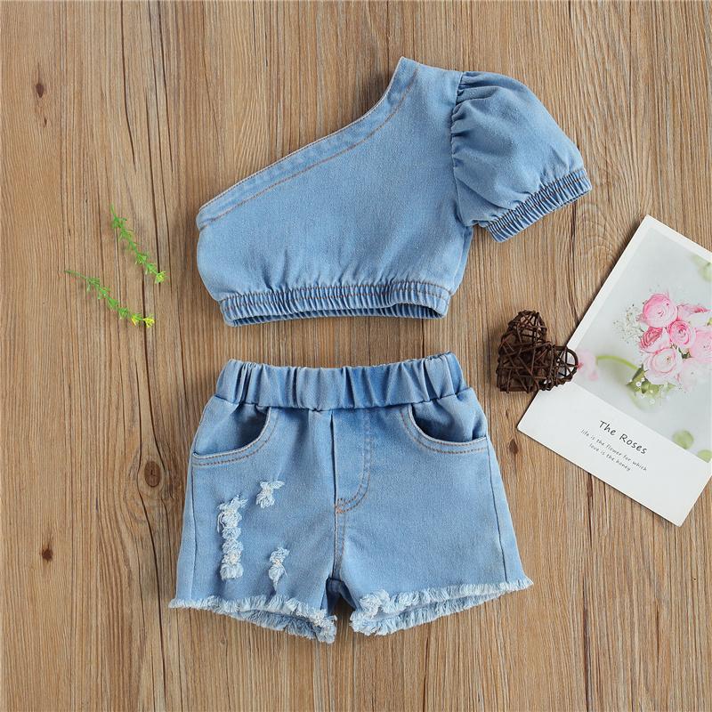 

Clothing Sets Girl's Summer Two Piece Set Fashion Kid's Single Shoulder Crop Tops Denim Shorts With Pockets For Children 1-4 YearsCl, Blue
