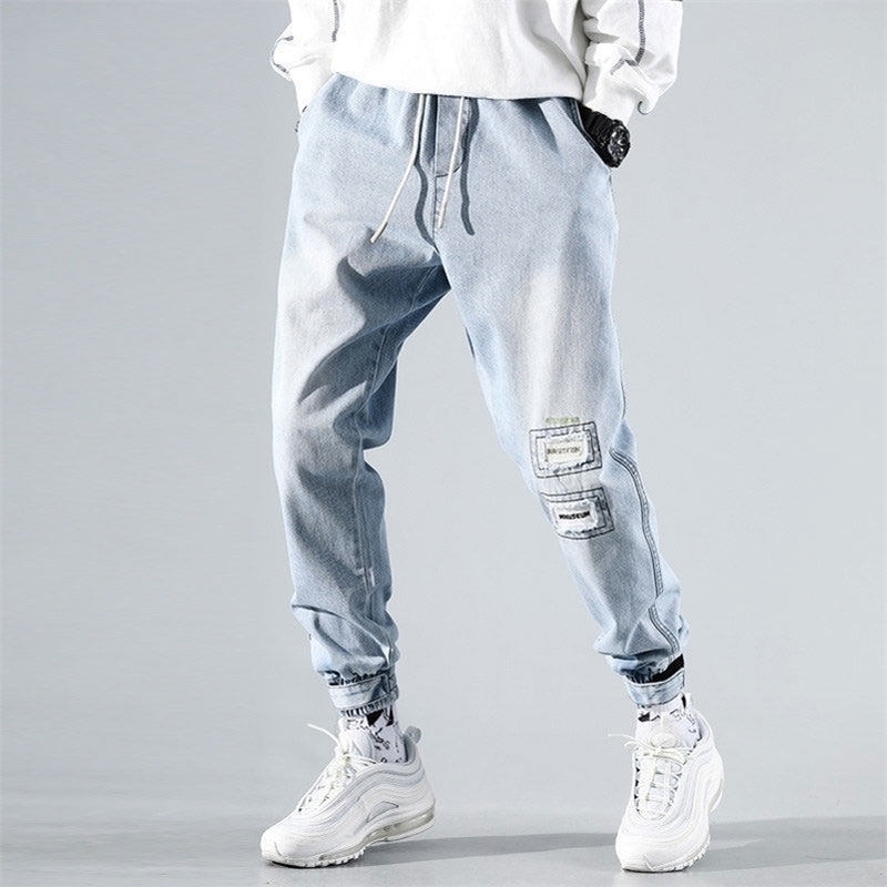 

Mens Ripped Jeans Sky Blue High Street Casual Drawstring Denim Pants Vintage Trousers Sweatpants Loose Elastic Homens Jeans 201110