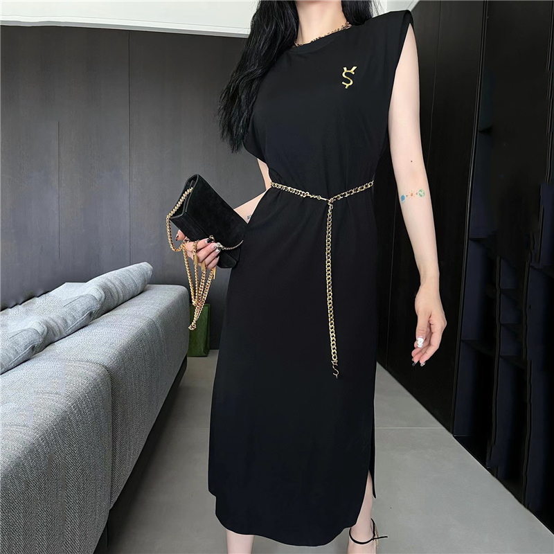 

Designer Brand Womens Slit Dresses With Waist Chain Gold Thread Embroidery Letter Long Skirts Summer Party Dress, Black