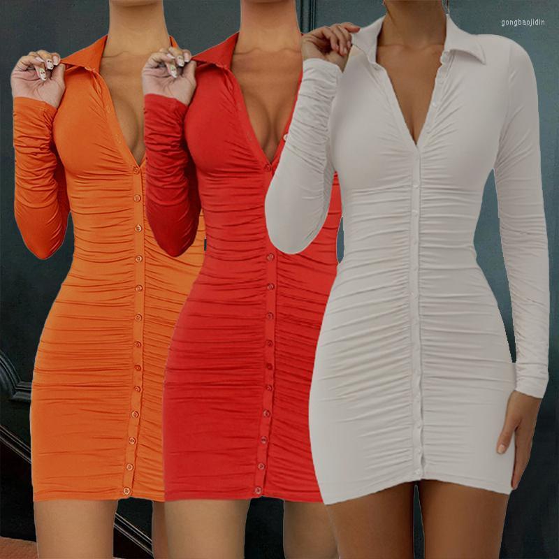 

Casual Dresses 2022 Style Women' Sexy Bodycon Mini Fashion Dress Long Sleeve Solid Color Button Down Ruched Shirt, Orange