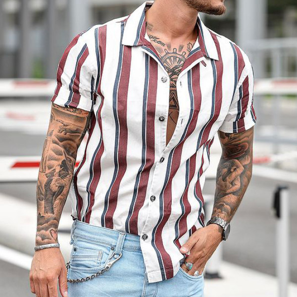 Chemise Slim Fit rayée pour hommes, chemises décontractées, chemisiers à manches courtes, chemise d'été imprimée, motif homme, vêtements xxxl, im