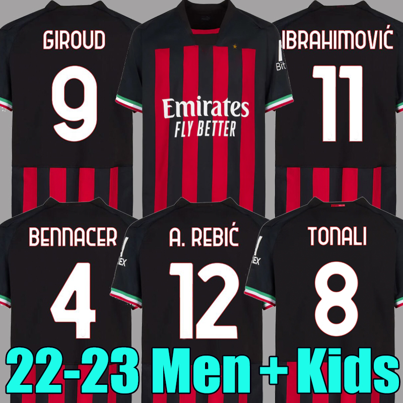 

IBRAHIMOVIC 21 22 23 soccer jersey AC MILANS GIROUD R. LEAO BENNACER KESSIE ROMAGNOLI CALHANOGLU TONALI REBIC 2021 2022 2023 football shirt maillot men kids kit away, Kids 21-22 home