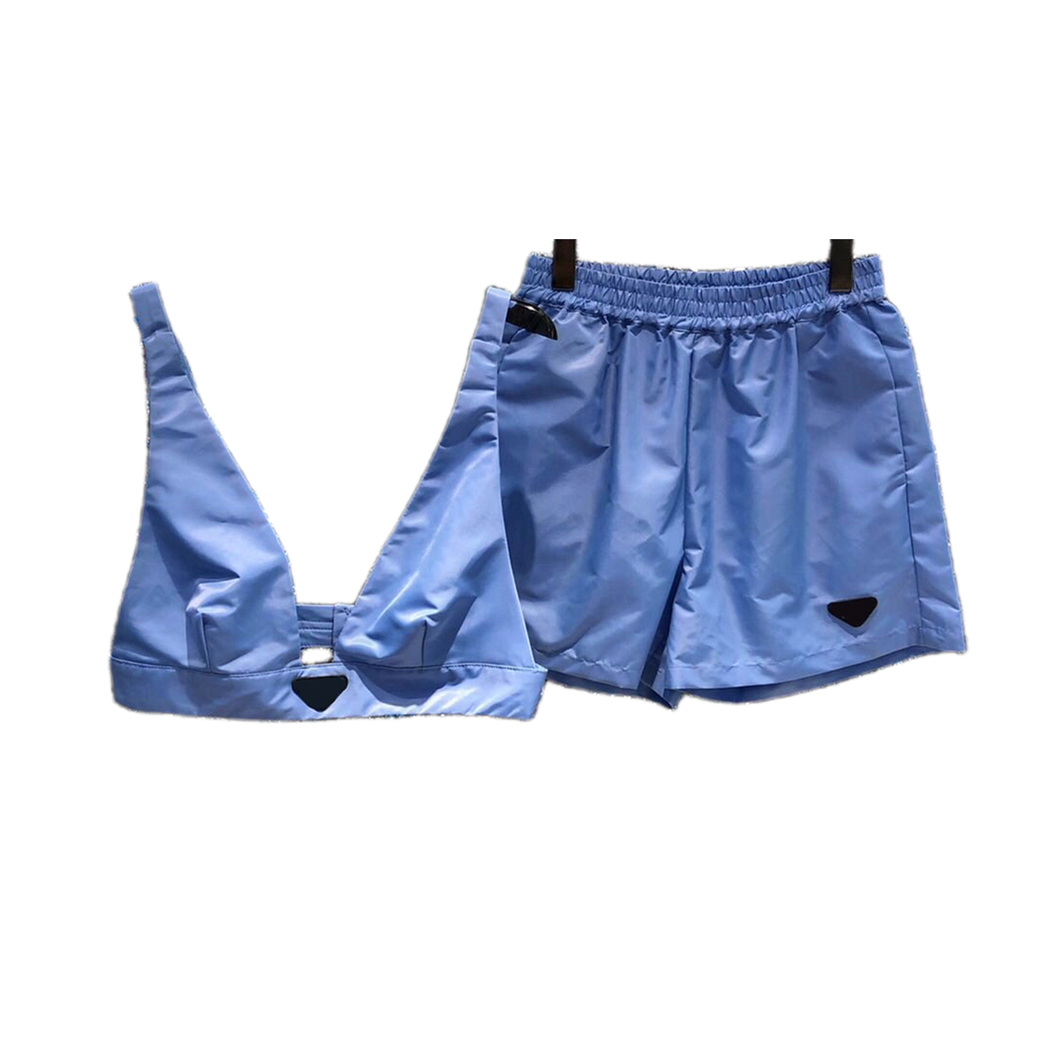 

Women's Two Piece Pants Set With Triangle Metal V Neck Vest Mini Short Set Streetwear Fashion Crop Top 22ss New Tracksuit,high quality, Blue