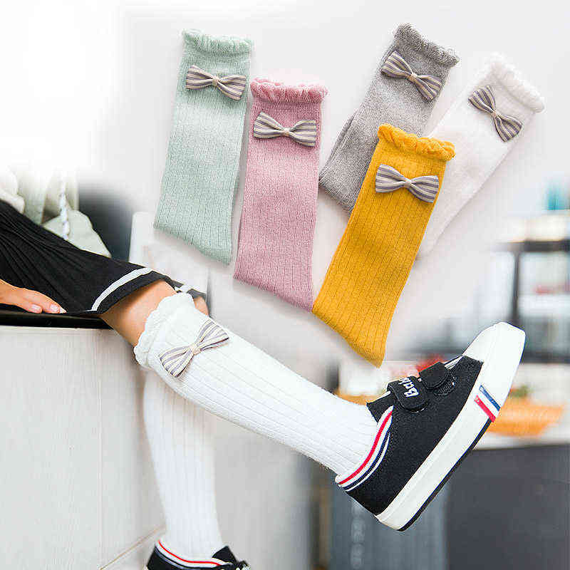 

Autumn and winter new children socks 2 4 8 11 year old female baby cotton pile heap bow princess long tube L220716, Wine