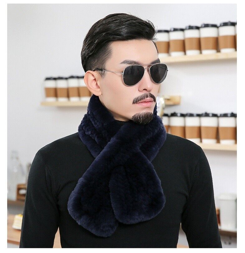

Men's Real Rex Rabbit Fur Scarf Unisex Winter Warm Neckerchief Navy Blue Frost black Gifts