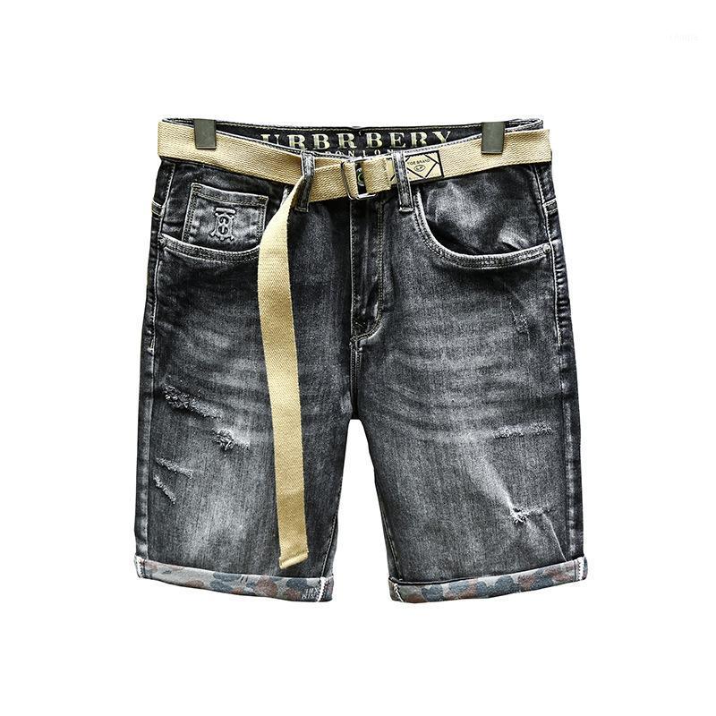 

Men's Jeans Men Denim Shorts Elastic Fashion Black Grey Personality Frayed Patch Male Straight Streetwear Bermuda, 5535 gray