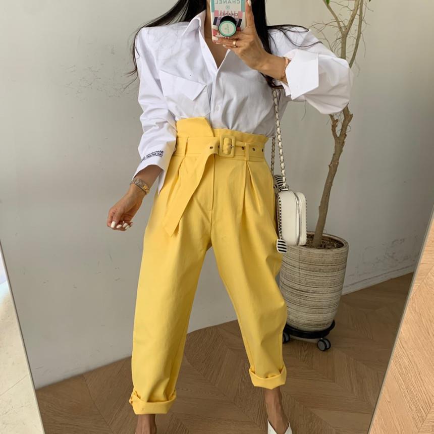 

Korean Style Loose Straight Pants Women With Belt High Waist Bud Pockets Trousers Streetpants Ladies Elegant Pantalon 4017, Yellow