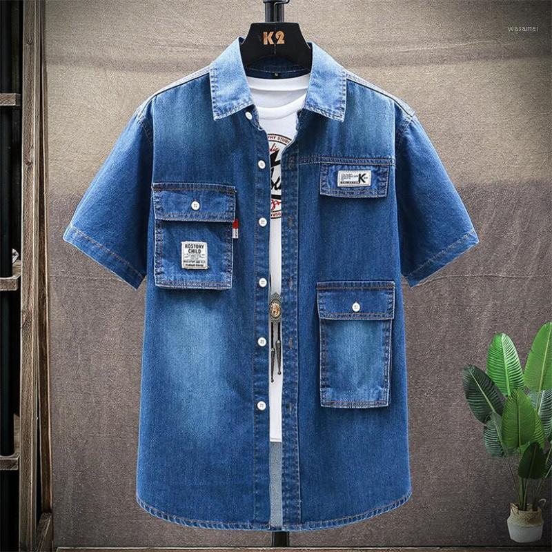 

Men's Casual Shirts Short-Sleeved Denim Shirt 2022 Summer Trendy Fashion Business Multi-Pocket Tooling Slim Top 304, Light blue