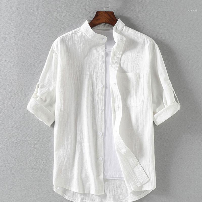 

Men's Casual Shirts Plus Size Men Short Sleeve Shirt Solid Color Simple With Pocket Summer Stand Collar Loose Male Tee, White