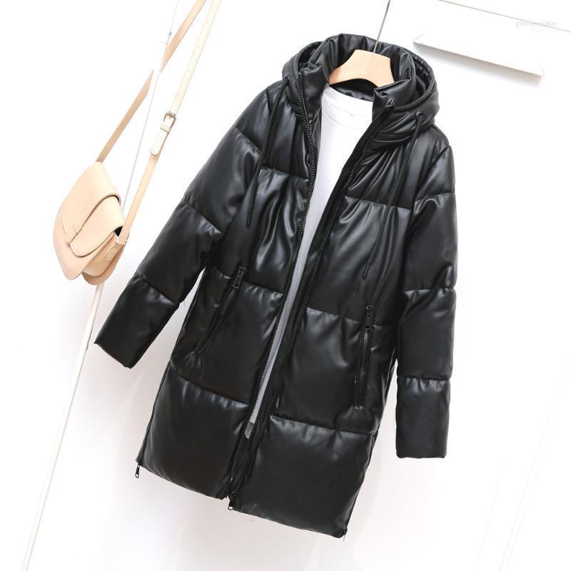 

Women' Down & Parkas 2022 Winter Fashion Women Clothing Puffer Bubble Hooded Padded PU Faux Leather Loose Zipper Casual Warm Long Coats Jac, Black