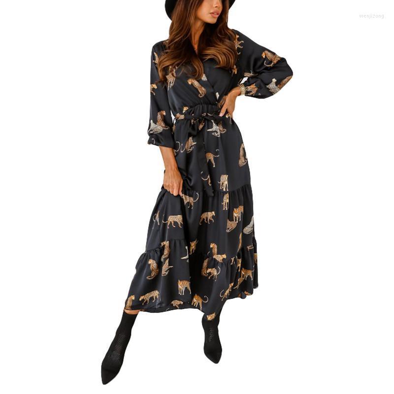 

Casual Dresses Women Autumn Spring Flare Long Dress Belted High Waist Sleeve V Neck Leopard Print Split Vestidos Party Vacation Female, Black