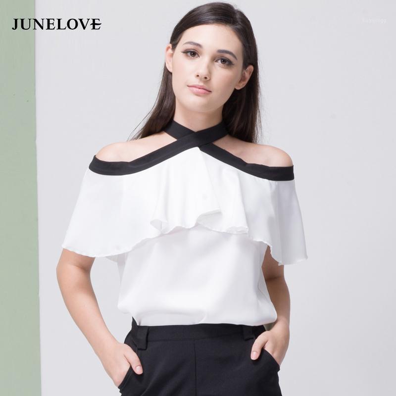 

JuneLove 2022 Chiffon Blouse Weomen Off Shoulder Bow Tie Backless Ruffles Shirt Short Sleeve Halter Tops Blusas Women's Blouses & Shirts, White