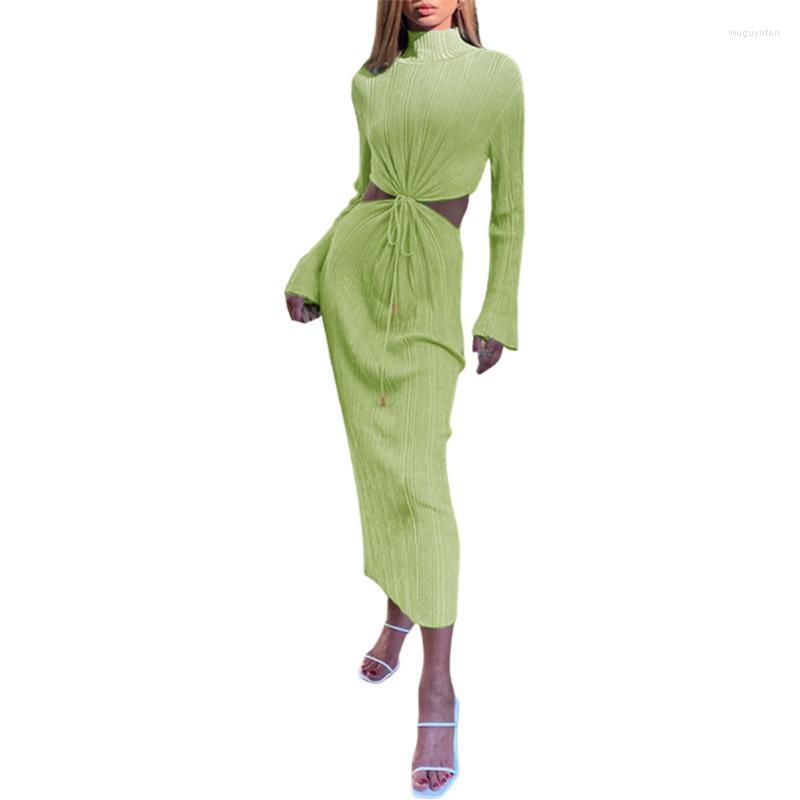 

Casual Dresses 2022 Spring Women' High Collar Hollow Solid Color Long Maxi Dress Long-sleeved Temperament For Female Slim, Black