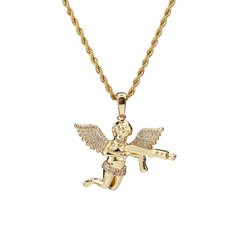 

Top Quality Jewelry Zircon Gold Silver Cute Angel Baby Carry Gun Stuff Pendant Necklace Rope Chain for Men Women2656