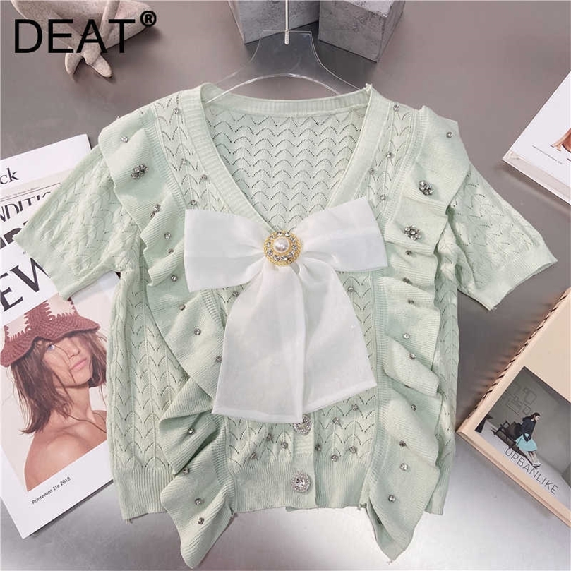 

DEAT Women Knitting Ruffles Bow Diamond T-shirt Arrivals V-Neck Short Sleeve Fashion Temperament Spring Summer 11D986 210709, Green