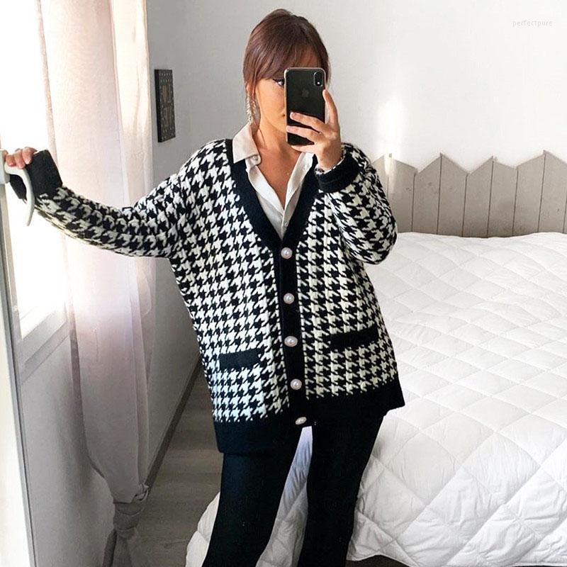 

Women' Knits & Tees Women Sweater Button Black V-Neck Houndstooth Cardigan Vintage Long Sleeve Loose Knitted Jumper Perf22
