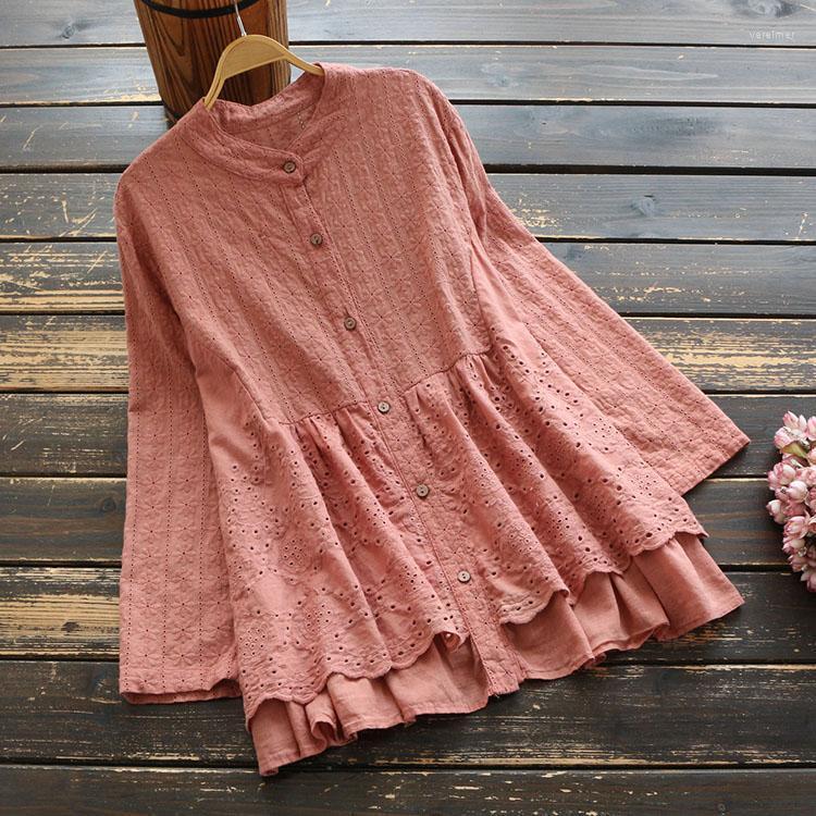 

Women's Blouses & Shirts Autumn Women Blouse Cotton Embroidery Double Hem Literary Long Sleeve Stand Collar Solid Color Shirt TopsWomen's Ve, Brown