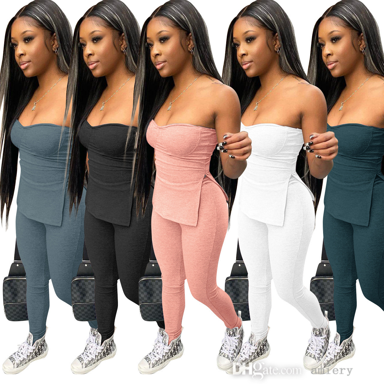 

Women Two Pieces Pants Suit Crop Tops Chest Wrapped Off Shoulder Casual Solid Color Pit Strip Elastic Tight Ladies Outfits, Blue and gray