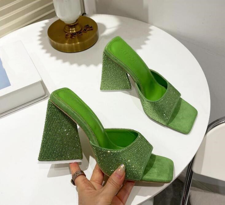 

2022 New Summer Triangle Thick heel Sandals Slippers Sexy Street Woman Square toes Dress Party shoes size 35-41, Blue