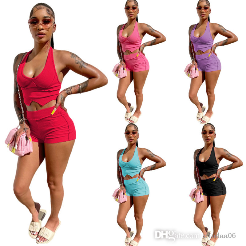 

2022 Tracksuits for Womens Summer Two Piece Shorts Set Sexy Backless Halter Vest Slim Short Outfits Casual Female Clothing Streetwear, Purple