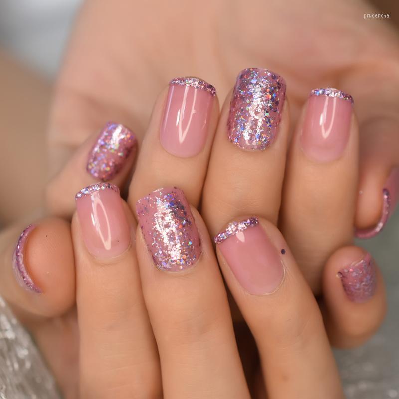 

False Nails 24pcs Holographic Glitter Pink Press On Short Length Glossy Gel Full Cover Nail Tips Faux Ongles Courts Femmes Prud22, L5608