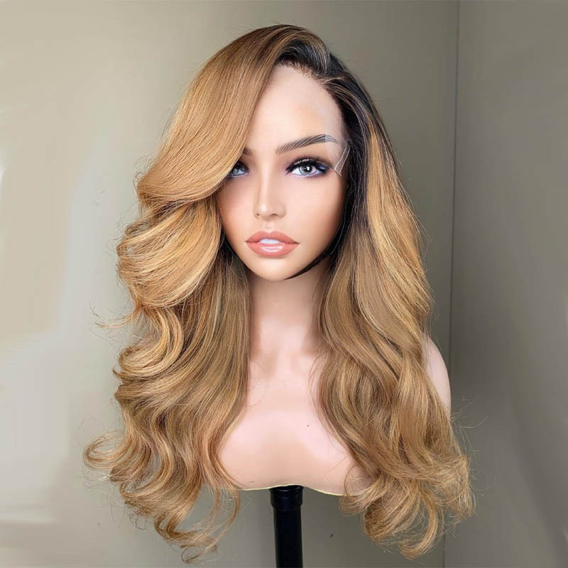 

Ombre Honey Blonde Lace Front Wigs Human Hair 13X4 Ginger Brown Body Wave Wig For Women Dark Roots Peruvian Hair full Frontal DIVA2 150%density, Ombre color