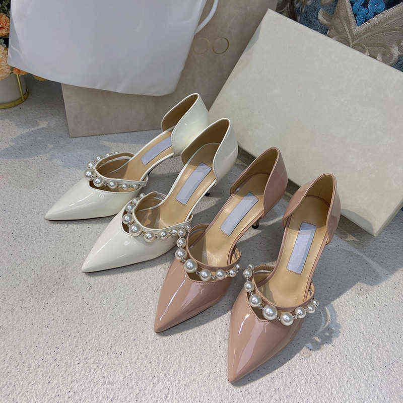 

Women's Sandals High Heels Summer Jc High Heels Star Same Pearl Patent Leather Hollow v Mouth Pointed Thin Heel Single Shoes Women's Large, White