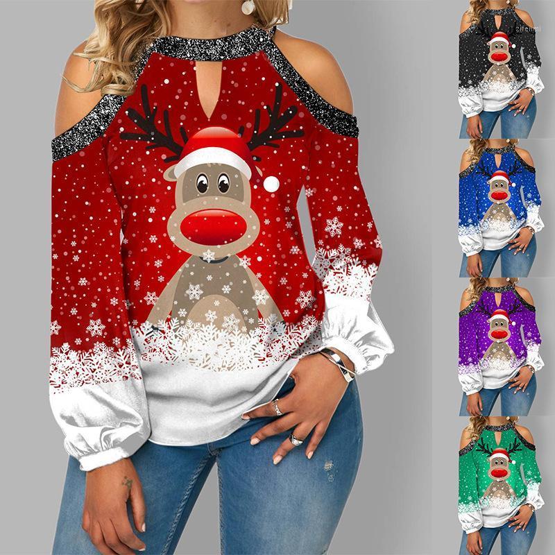 

Women's Blouses & Shirts 2022 Christmas Elk Print Sexy Off Shoulder Button Top Lantern Sleeve Casual Blouse