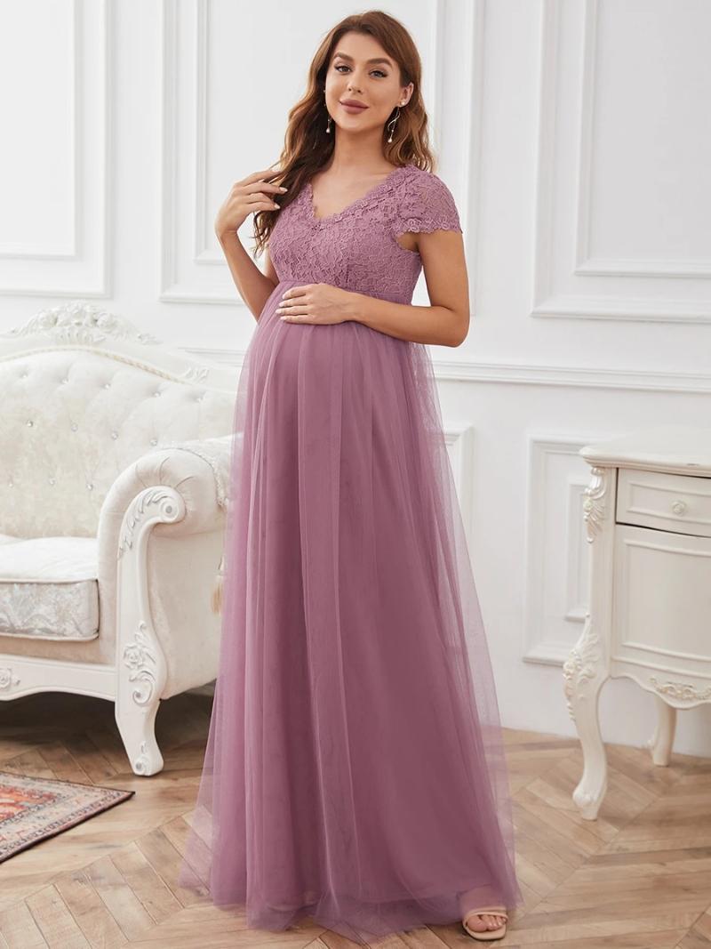 

Party Dresses Elegant Evening Dress Lace Tulle Deep V Neck Backless A Line Floor Length Ever Pretty 2022 Maternity Vestidos De Gala, Orchid
