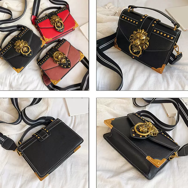 

Small Shoulder Flap Bag With Metal Lion Head Women Crossbody Bags Wide Strap Fashion Pu Leather Handbag Luxury Designer 2021, Light brown