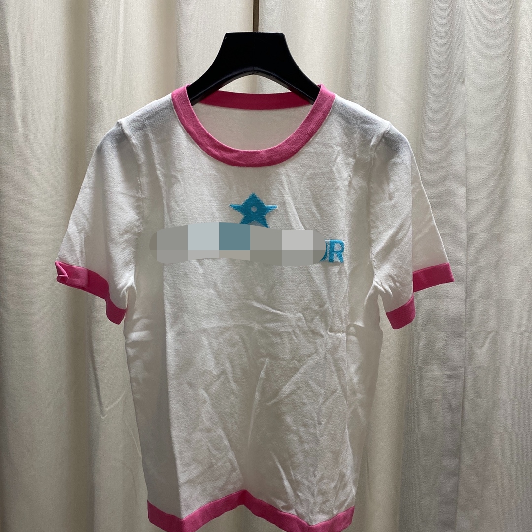 62 2022 Runway Summer Brand Same Style Sweater Blue White Crew Neck Short Sleeve Women's Sweaters qian