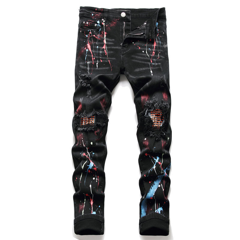 Mens Skinny Jeans Boyfriend Moto Street Wear Clothing Rip Distressed Broken Hole Patch Work All Black Pants Hombre Comfortable Italy Paris Trouse