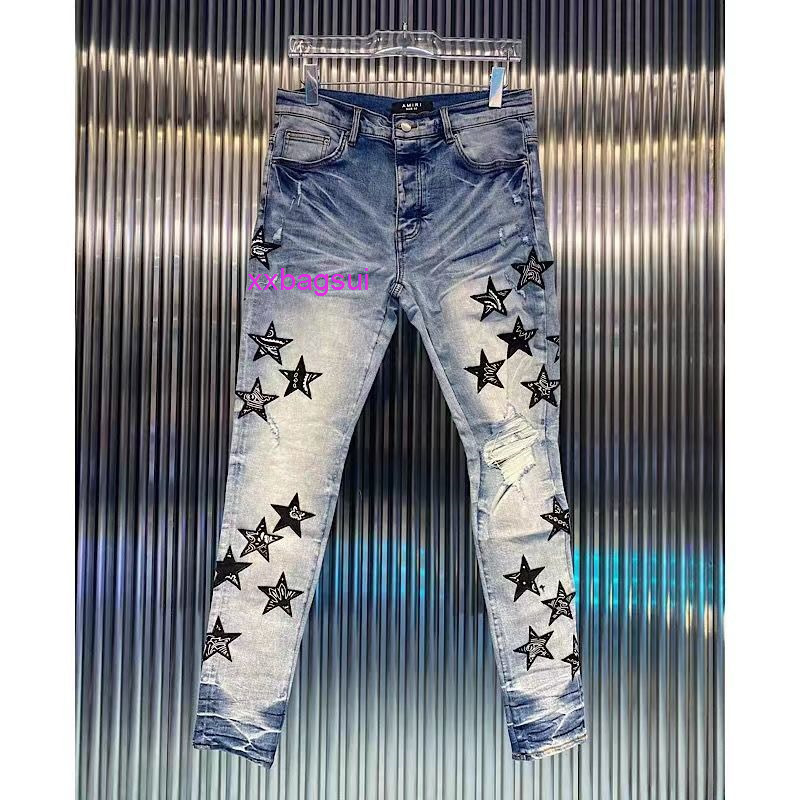 

designer amirs jeans for mens New brand stars embroidered Pentagram embroidered patch jeans slim pants, Light blue