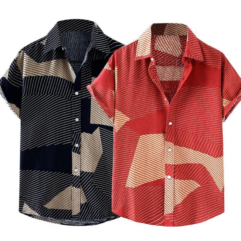 

Men' Casual Shirts Summer Men' Shirt Breathable Striped Color Block Short Sleeve Fashion Lapel For Men Camisa MasculinaMen, Red