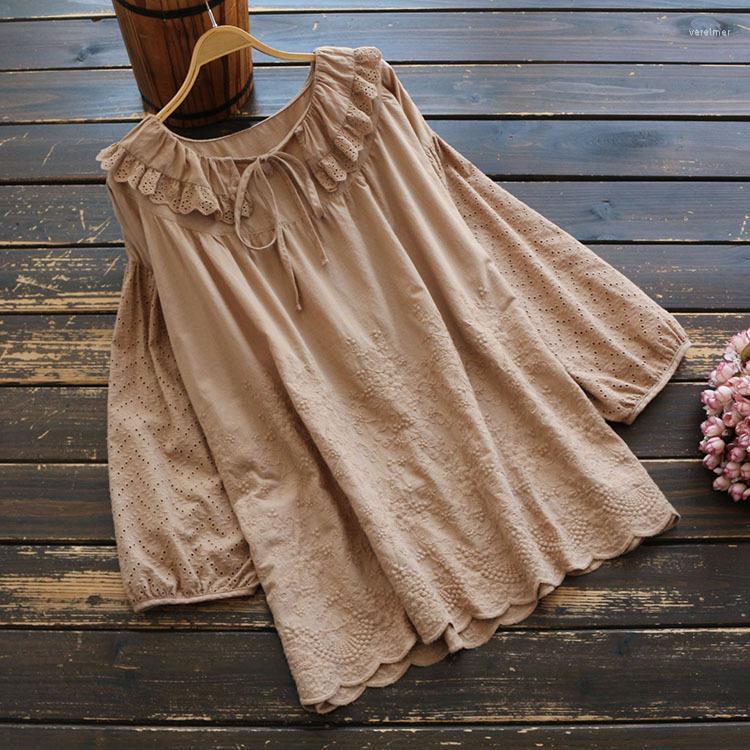 

Women's Blouses & Shirts Spring Women Top Literary Vintage Ruffled Collar Drawstring Embroidery Cotton Pullover Long Sleeve Loose Shirt Blou, Khaki