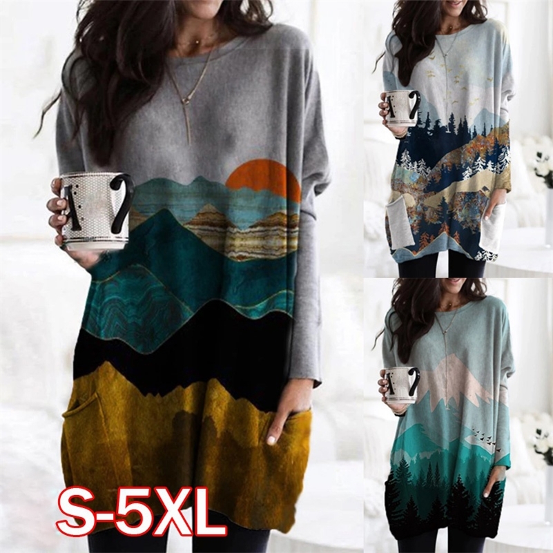 

Women's Mountain Treetop Print Long Sleeve T-shirt Women Fashion SWEATShirts & Tops Casual Round Neck Loose Cotton Pullover 220321, 290-blue