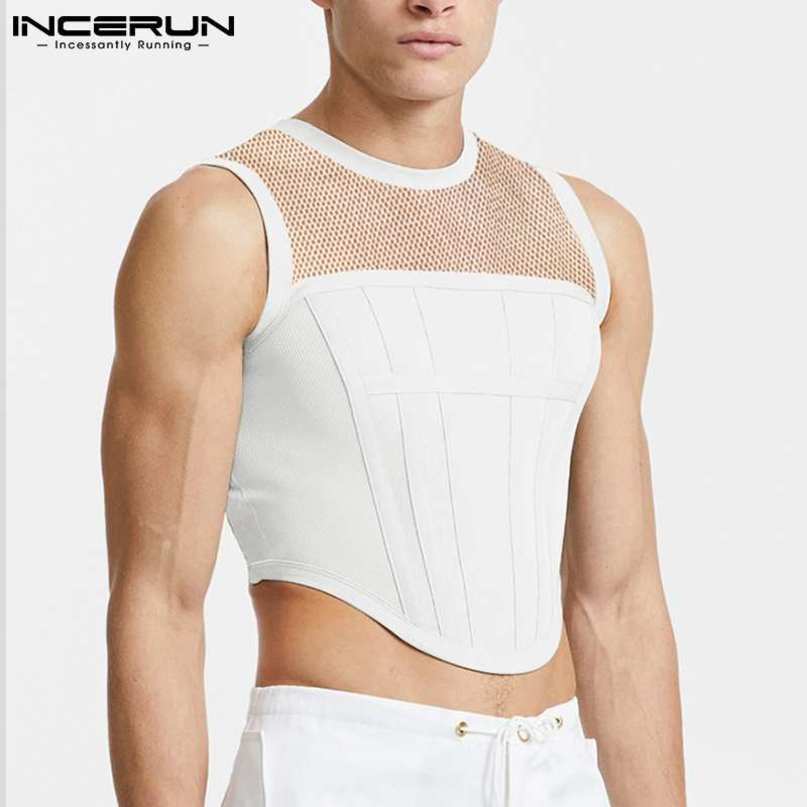 

Tank Mesh Patchwork Round Neck Sleeveless See Through Sexy Vests Streetwear Party Niglub Men Crop Tops INCERUN 220614, Black