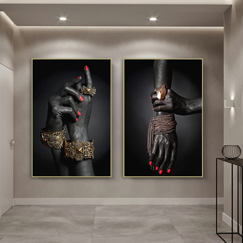 

Gold Jewelry and Hands Canvas Painting Black Woman Hand Posters And Prints African Wall Art Pictures for Modern Home Decor Mural