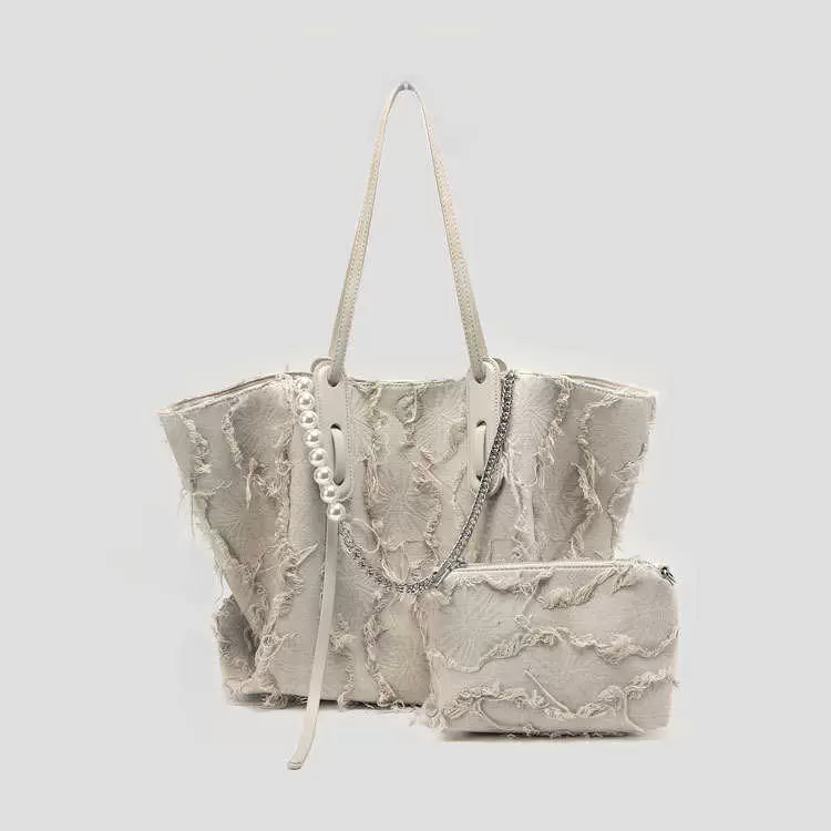 

Waist Bags Female 2021 Large Capacity One Shoulder Portable Tote Personalized Pearl Chain Tassel Canvas Beggar Bag