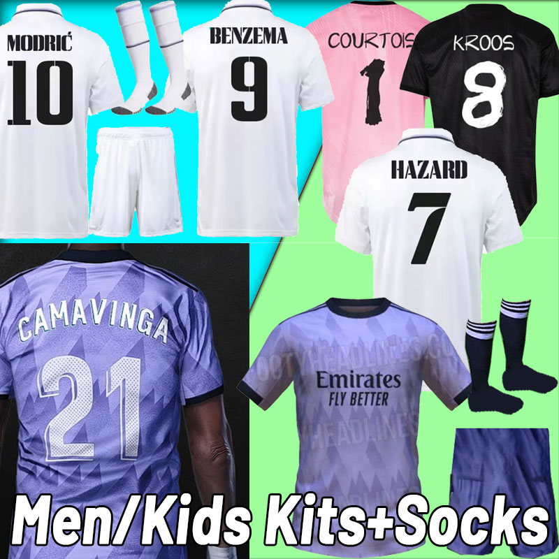 

S-4XL 21 22 23 BENZEMA soccer jerseys REAL MADRIDS HAZARD Courtois 1 MODRIC men kids kit Fans player version goalkeeper football shirt 2022 2023 KROOS Full set sock away