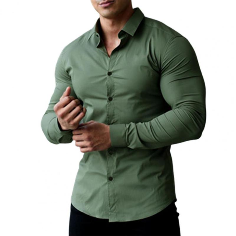 

Men's Dress Shirts Fashion Long Sleeve Shirt Solid Slim Fit Male Casual Business Men Single-breasted Muscle Man For OfficeMen's, Army green