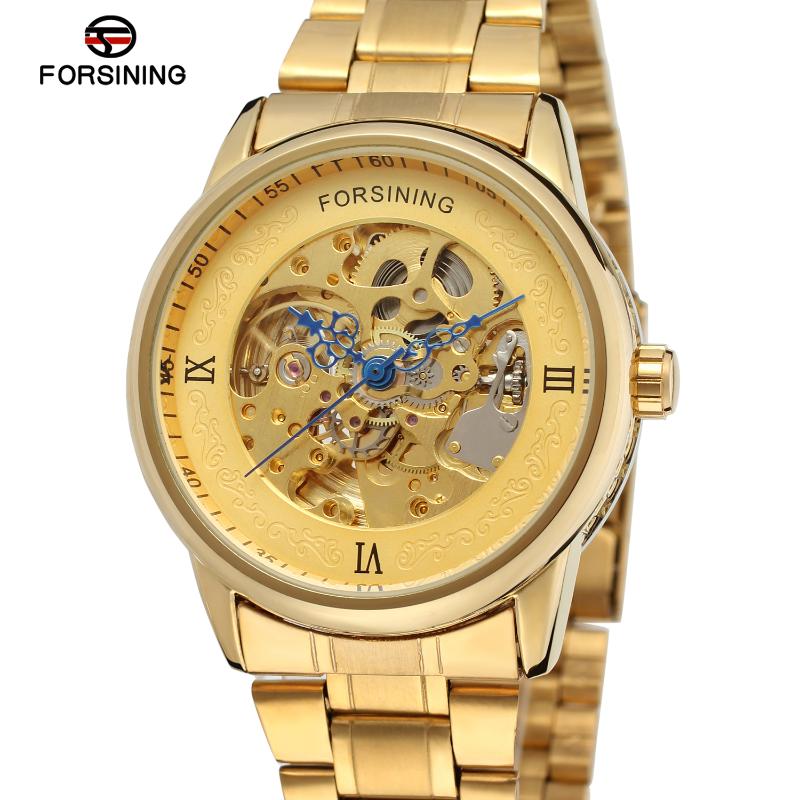 

Wristwatches Gold Watch Round Hollow Blue Hands Mechanical Steel Band Men's And Women's WatchesWristwatches