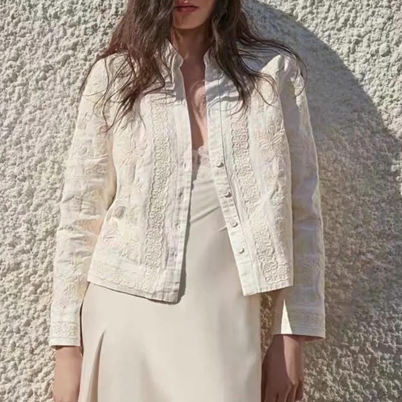 

Women' Blouses & Shirts 2022 Summer Women Embroidered Beige Woman Shirt Oversize Button Up Elegant Long Sleeve Tunic, Creamy-white