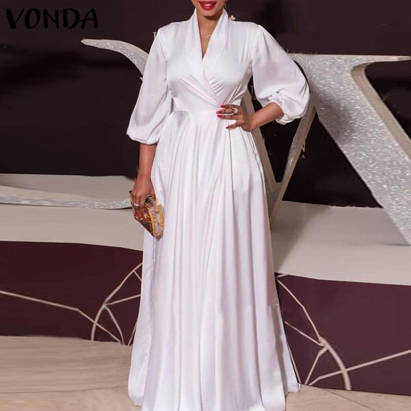 Plus Size Dresses Satin Slik Dress 2022 VONDA Sexy V Neck Long Sleeve Solid Bohemian Vestidos Loose Beach Sundress 5XL OversizePlus