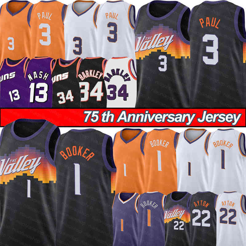 

Chris 3 Paul Devin 1 Booker Basketball Jerseys Retro steve 13 nash Charles 34 Barkley Jerseys Mens Phoenix''suns''embroidery Shirt 75th, 75th anniversary