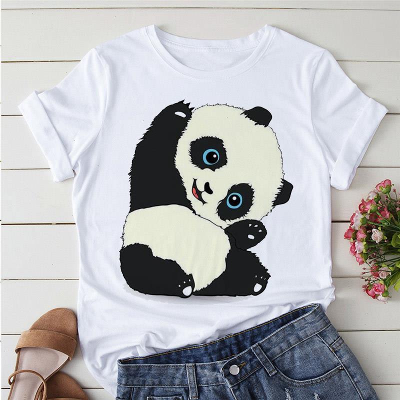 

Women Fashion Tops Cartoon Stretching Panda 90s Clothes Print T Shirt Short Sleeve Summer White T-shirt Female Tee, 36481