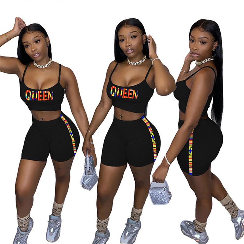 

Women' Tracksuits All Black O Neck Sleeveless Letter Print Crop Top And Short 2 Pieces Set Sexy Tight Club TracksuitsWomen