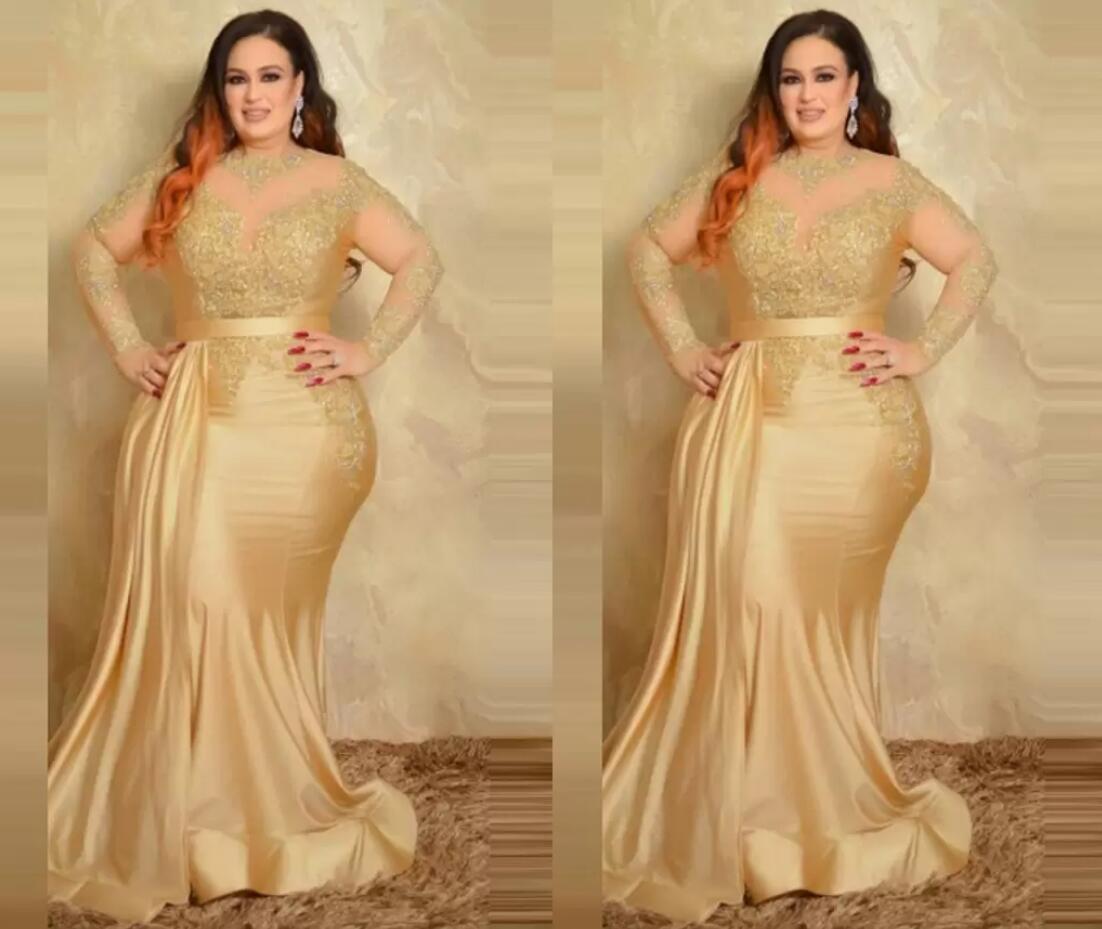 

Sexy Plus Size Formal Evening Dresses Elegant With Long Sleeves Gold Lace High Neck Sheath Special Occasion Dress Mother Of The Bride PRO232