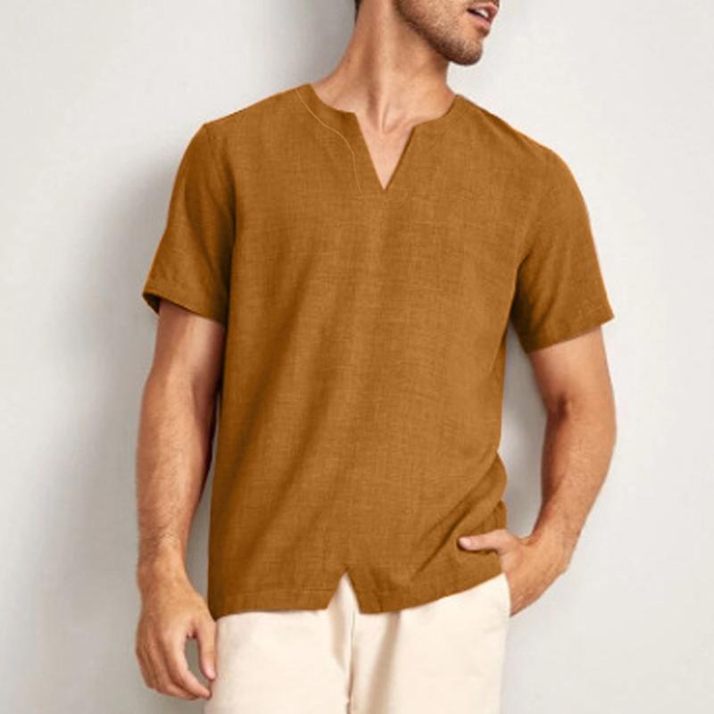 

Men' T-Shirts Lady Exercise Clothe Men Cotton Linen Casual V Neck Solid Short Sleeve Pullover T ShirtMen, Khaki
